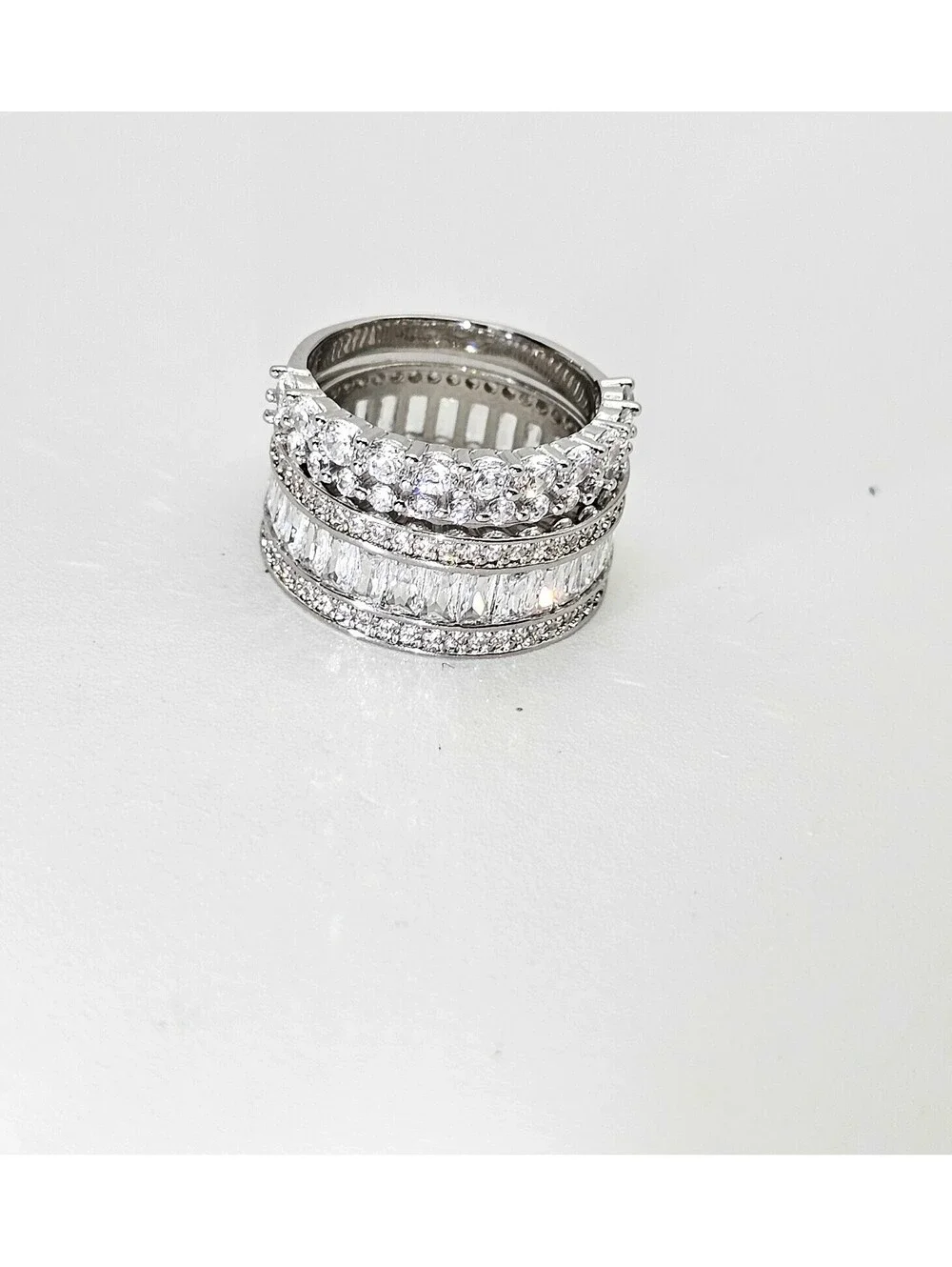 Lot of 2 CZ Stackable Rings Size 7.5 Rhodium Silver Pave Baguette Eternity Bands